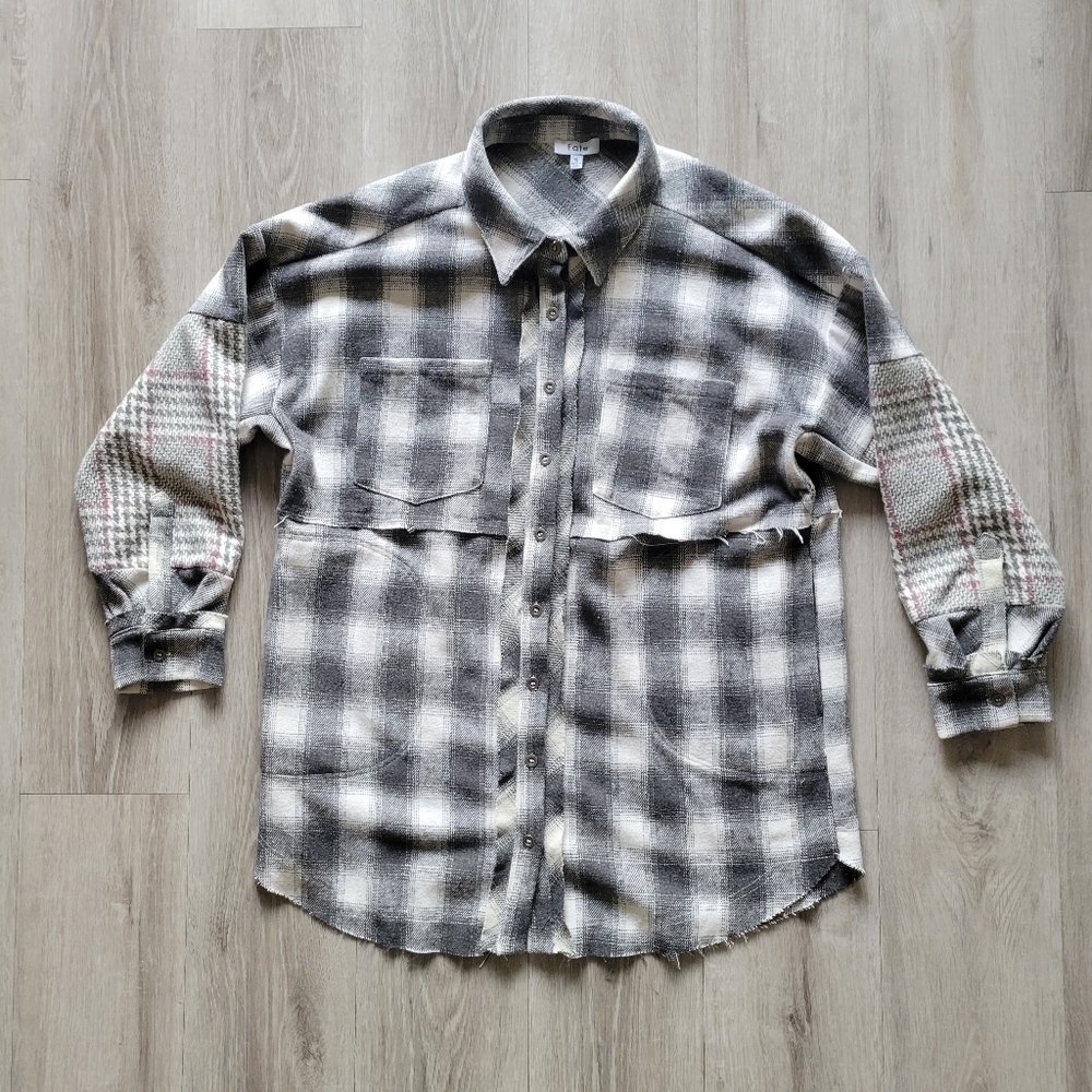 Women's Fate small grey plaid and houndstooth distressed shirt jacket shacket